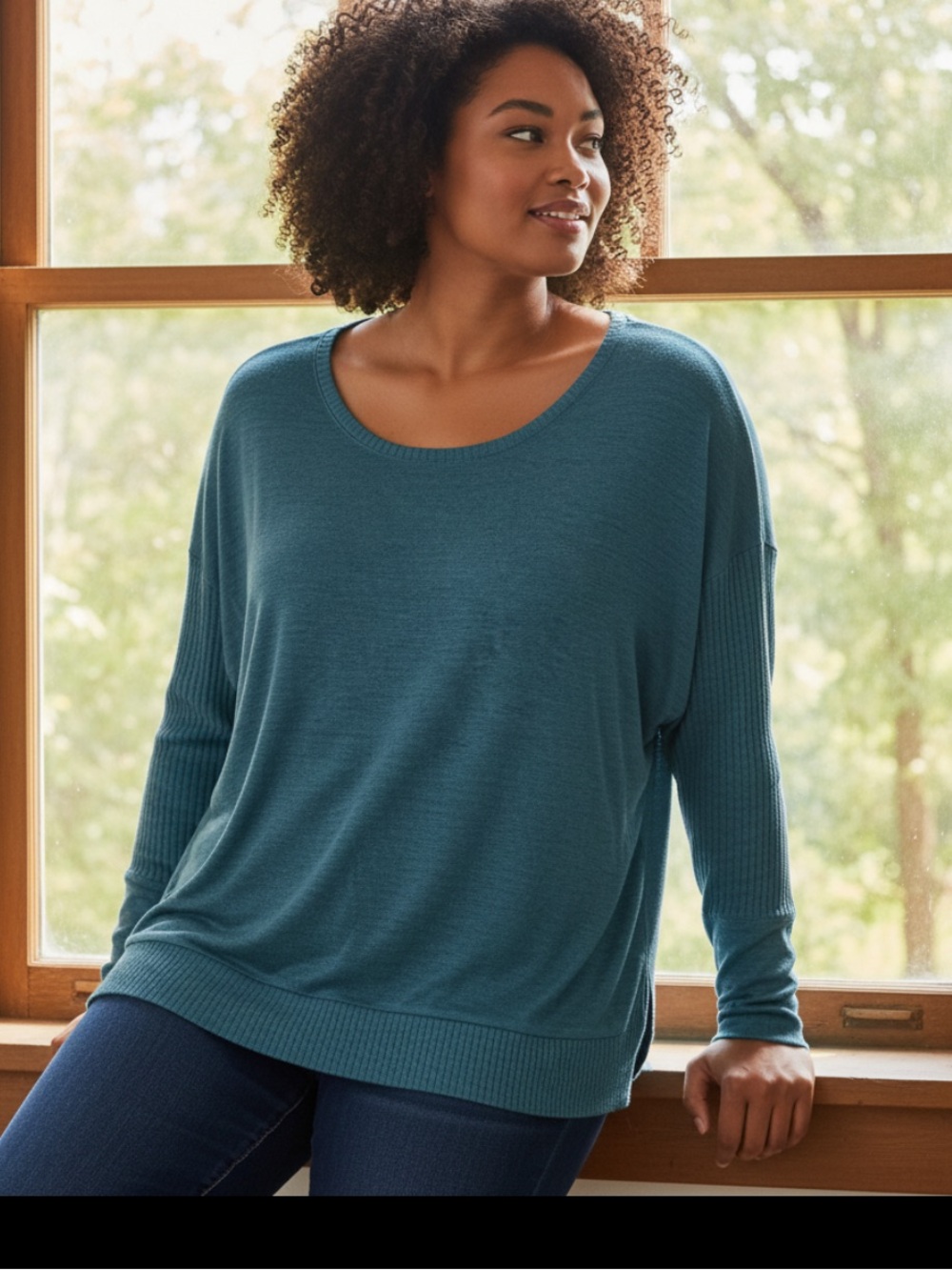Lane Bryant Teal Ribbed-Sleeve Scoop Neck Top